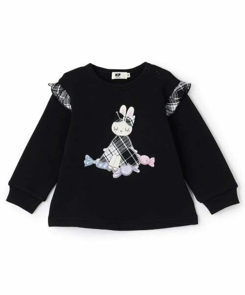 KP / ケーピー スウェット | mimiちゃんアップリケ 肩フリル裏毛トレーナー（黒）