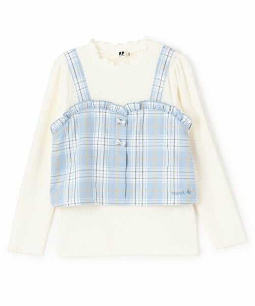 KP / ケーピー Tシャツ | 起毛ランダムテレコ×ラメチェック レイヤード風Ｔシャツ（サックス）