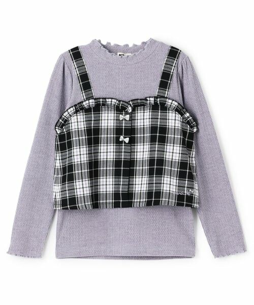 KP / ケーピー Tシャツ | 起毛ランダムテレコ×ラメチェック レイヤード風Ｔシャツ（黒）