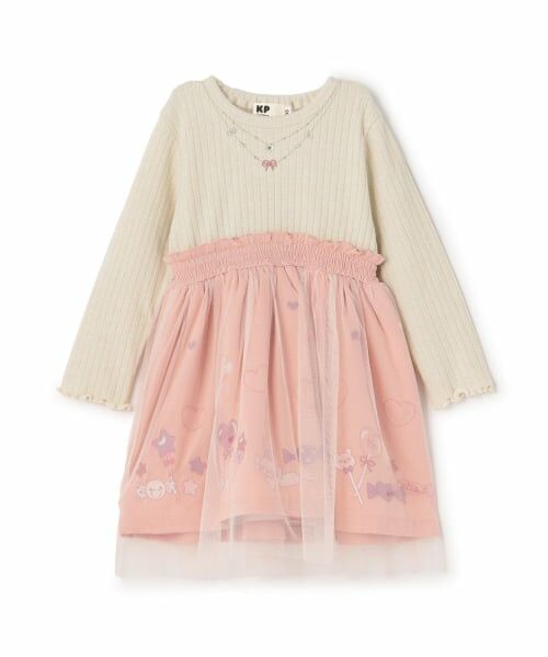 KP / ケーピー ミニ丈・ひざ丈ワンピース | mimiちゃん刺しゅう ラメテレコ×チュール ワンピース（ピンク）