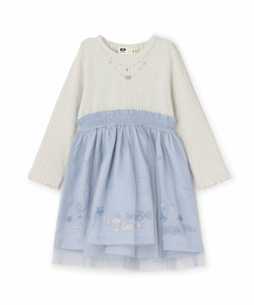 KP / ケーピー ミニ丈・ひざ丈ワンピース | mimiちゃん刺しゅう ラメテレコ×チュール ワンピース（サックス）