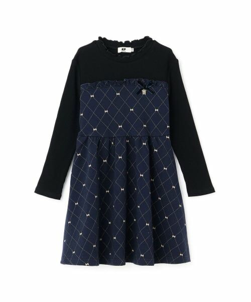 KP / ケーピー ミニ丈・ひざ丈ワンピース | リボンチェックラメジャカード×テレコ ワンピース（紺）