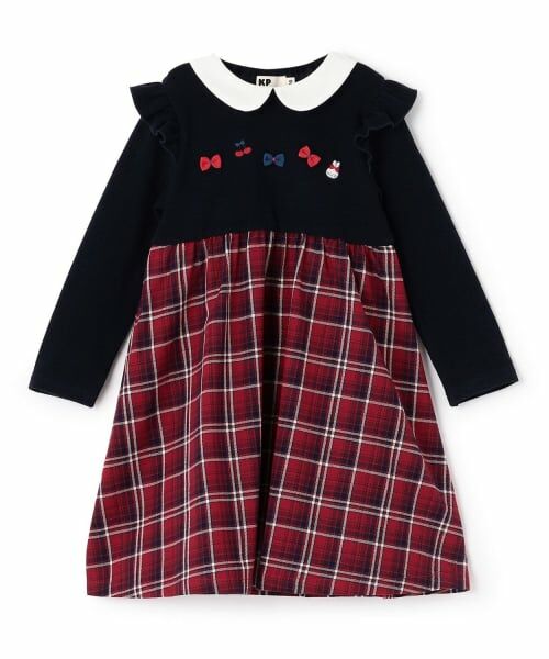 KP / ケーピー ミニ丈・ひざ丈ワンピース | 先染チェック×起毛テレコ ワンピース（赤）