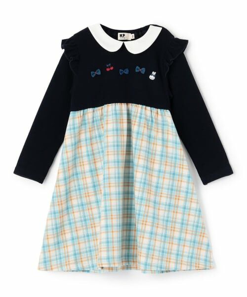 KP / ケーピー ミニ丈・ひざ丈ワンピース | 先染チェック×起毛テレコ ワンピース（サックス）