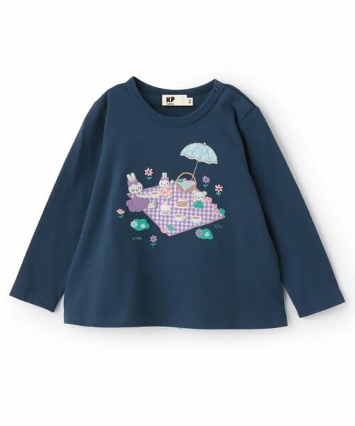 KP / ケーピー Tシャツ | ピクニック柄アップリケ 長袖Tシャツ（紺）
