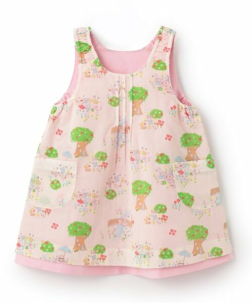 KP / ケーピー ミニ丈・ひざ丈ワンピース | ローン総柄×シャンブレー　リバーシブルジャンパースカート（ピンク）