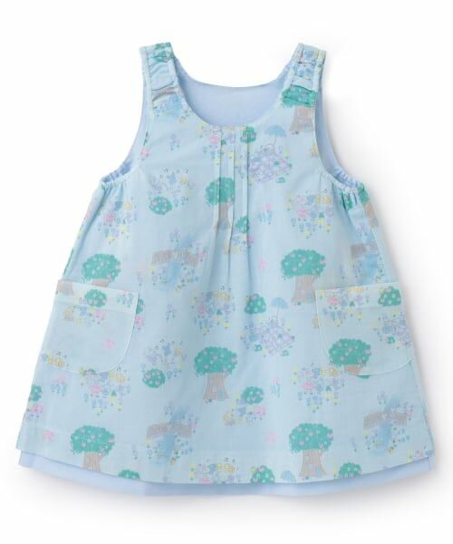 KP / ケーピー ミニ丈・ひざ丈ワンピース | ローン総柄×シャンブレー　リバーシブルジャンパースカート（ブルー）