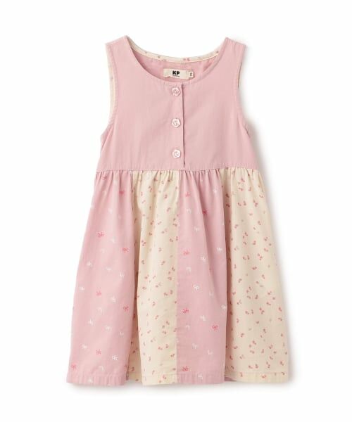 KP / ケーピー ミニ丈・ひざ丈ワンピース | デニム総柄プリント ジャンパースカート（ピンク）