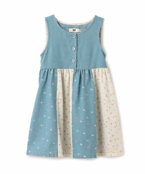 KP / ケーピー ミニ丈・ひざ丈ワンピース | デニム総柄プリント ジャンパースカート（ブルー）