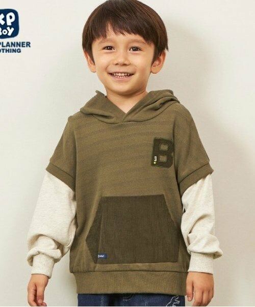 KP / ケーピー スウェット | KPBOY(ケーピーボーイ)レイヤード風フード付きトレーナー(110～160)（カーキ）