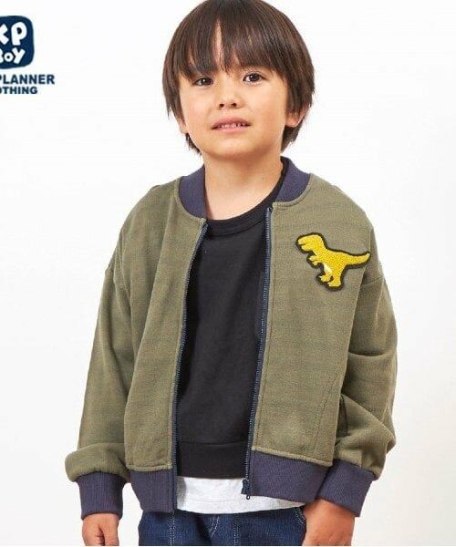 KP / ケーピー カーディガン・ボレロ | KPBOY(ケーピーボーイ)裏ボーダー恐竜ワッペン羽織(80～130)（カーキ）