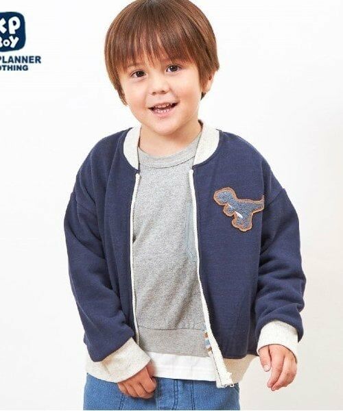 KP / ケーピー カーディガン・ボレロ | KPBOY(ケーピーボーイ)裏ボーダー恐竜ワッペン羽織(80～130)（紺）