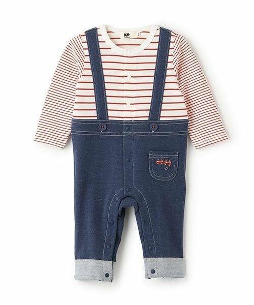 KP / ケーピー ロンパース | デニム+ボーダーレイヤード風カバーオール(赤)