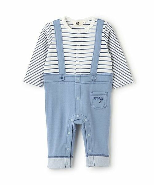 KP / ケーピー ロンパース | デニム+ボーダーレイヤード風カバーオール(ブルー)