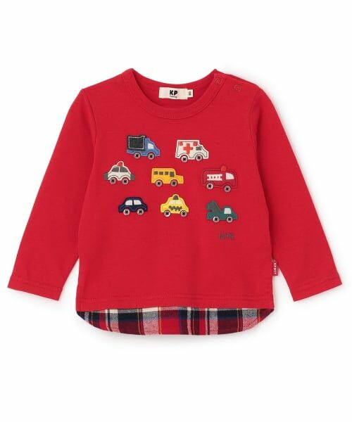 KP / ケーピー Tシャツ | 車アップリケ×裾チェック 長袖Tシャツ（赤）