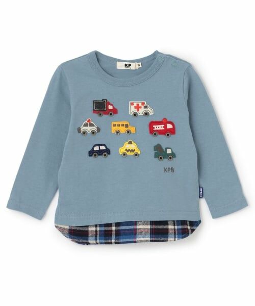 KP / ケーピー Tシャツ | 車アップリケ×裾チェック 長袖Tシャツ（ブルー）