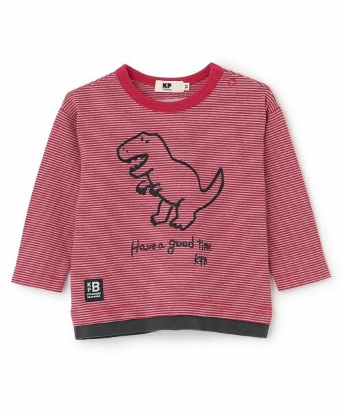 KP / ケーピー Tシャツ | 恐竜刺しゅう×エルボーパッチ ミジンボーダー長T（赤）