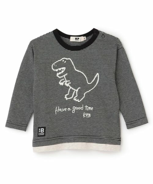 KP / ケーピー Tシャツ | 恐竜刺しゅう×エルボーパッチ ミジンボーダー長T（黒）