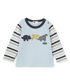 KP / ケーピー Tシャツ | 恐竜アップリケ×袖ボーダー 長袖Tシャツ