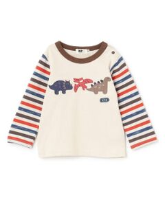 KP / ケーピー Tシャツ | 恐竜アップリケ×袖ボーダー 長袖Tシャツ