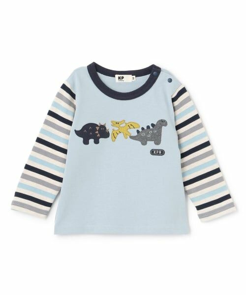 KP / ケーピー Tシャツ | 恐竜アップリケ×袖ボーダー 長袖Tシャツ（アイボリー）