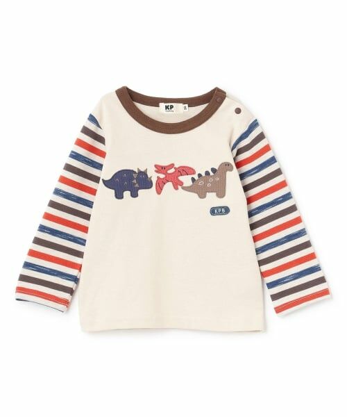 KP / ケーピー Tシャツ | 恐竜アップリケ×袖ボーダー 長袖Tシャツ（サックス）