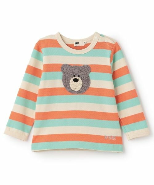 KP / ケーピー Tシャツ | クマ編モチーフ マルチボーダー長袖Tシャツ（オレンジ）