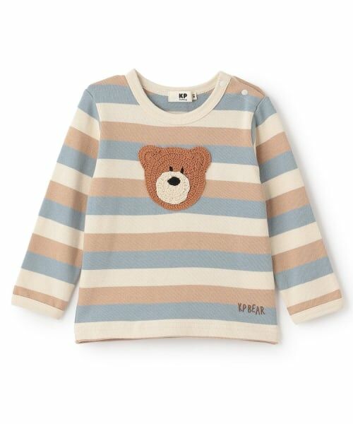 KP / ケーピー Tシャツ | クマ編モチーフ マルチボーダー長袖Tシャツ（ベージュ）