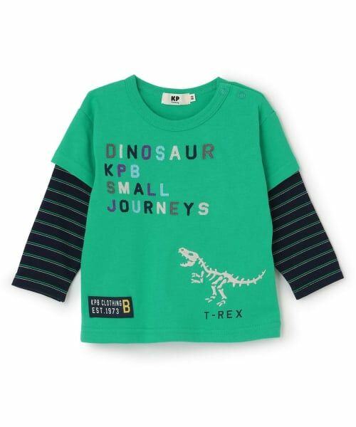 KP / ケーピー Tシャツ | 恐竜刺しゅう レイヤード風長袖Tシャツ(グリーン)