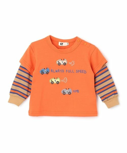 KP / ケーピー Tシャツ | 車アップリケ レイヤード風長袖Tシャツ(オレンジ)