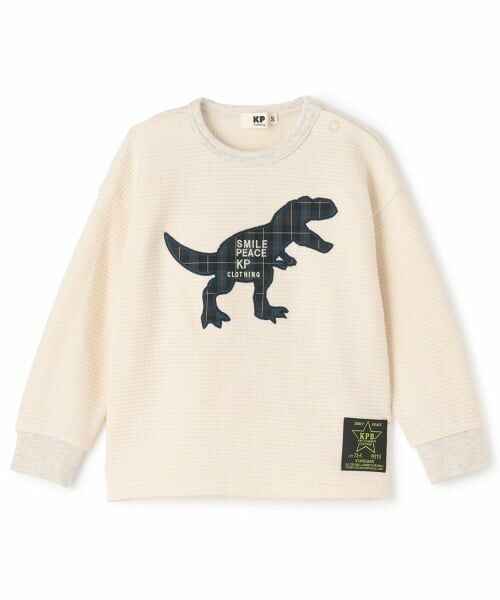 KP / ケーピー Tシャツ | チェック恐竜アップリケ ワッフル長袖Tシャツ（オフ ホワイト）