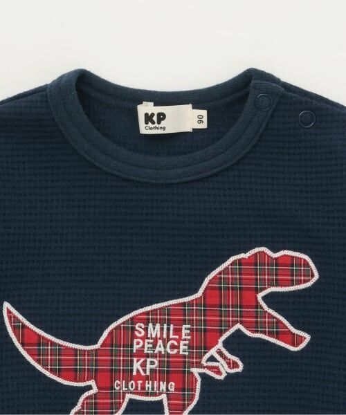 KP / ケーピー Tシャツ | チェック恐竜アップリケ ワッフル長袖Tシャツ | 詳細2