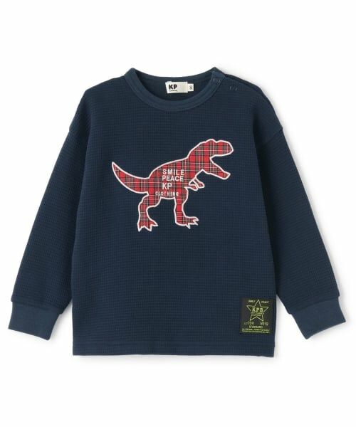 KP / ケーピー Tシャツ | チェック恐竜アップリケ ワッフル長袖Tシャツ（紺）