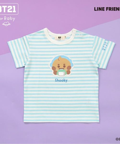 KP / ケーピー Tシャツ | 【BT21】アップリケボーダー半袖Tシャツ（エメラルド グリーン）