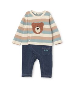 KP / ケーピー ロンパース | クマ編モチーフ マルチボーダー×杢裏毛 カバーオール