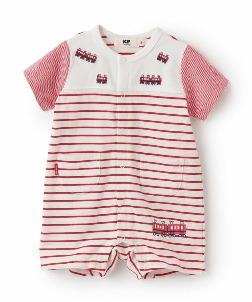 KP / ケーピー ロンパース | 電車刺しゅう ボーダー柄 ショートオール（赤）