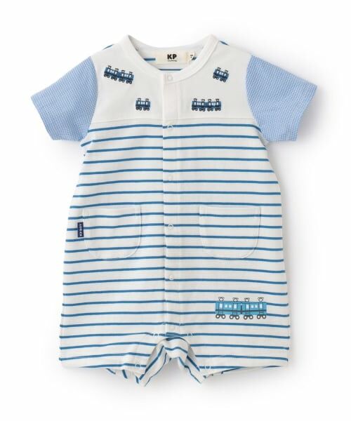 KP / ケーピー ロンパース | 電車刺しゅう ボーダー柄 ショートオール（ブルー）