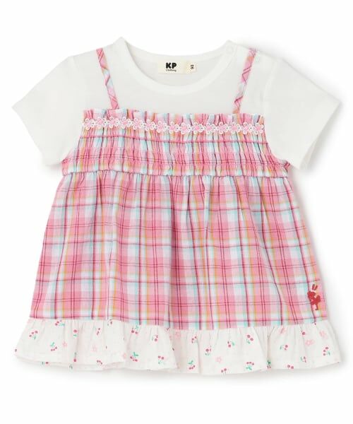 KP / ケーピー その他トップス | 先染チェック レイヤード風半袖チュニック(ピンク)