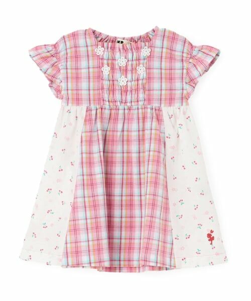 KP / ケーピー ミニ丈・ひざ丈ワンピース | 先染チェック×ドビー織プリント ワンピース（ピンク）