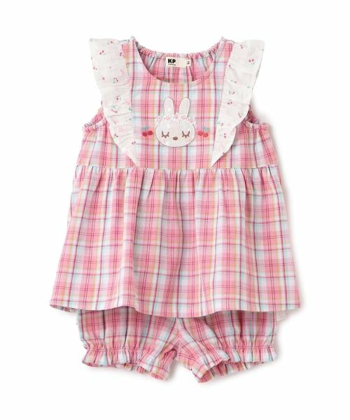 KP / ケーピー Tシャツ | 先染チェック×ドビーチェリードットプリント 上下セット（ピンク）
