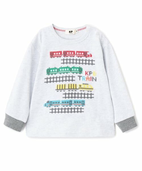 KP / ケーピー Tシャツ | 電車柄クロス刺しゅう 長袖Tシャツ（オートミール）