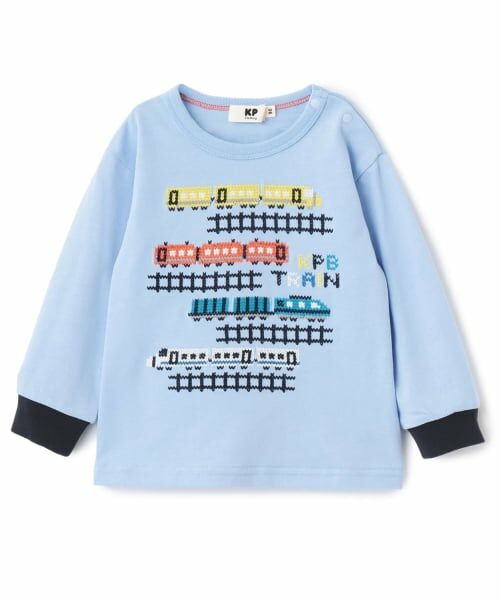 KP / ケーピー Tシャツ | 電車柄クロス刺しゅう 長袖Tシャツ（サックス）