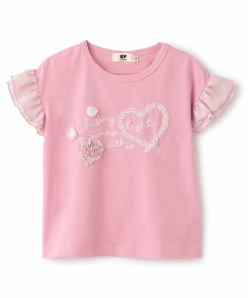 KP / ケーピー Tシャツ | ドロップショルダー 袖フリルTシャツ(ピンク)