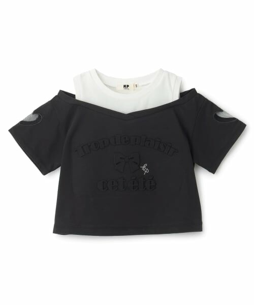 KP / ケーピー Tシャツ | エンボス加工ロゴ 肩見せTシャツ（黒）