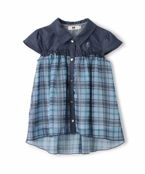 KP / ケーピー その他トップス | シフォンシアーチェック×ツイル シャツ衿チュニック（紺）