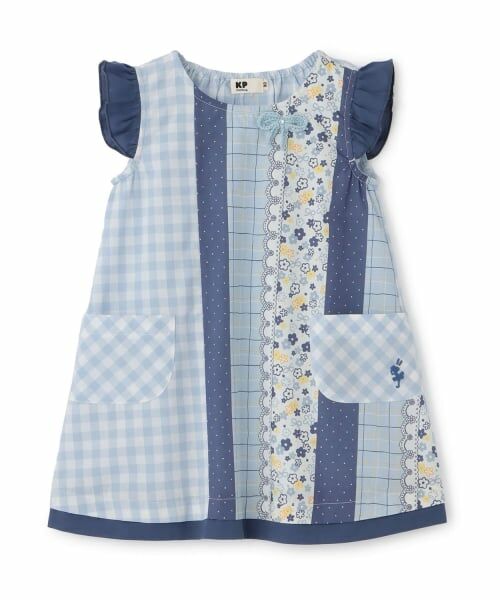 KP / ケーピー ミニ丈・ひざ丈ワンピース | ギンガム×総柄 ワンピース（サックス）