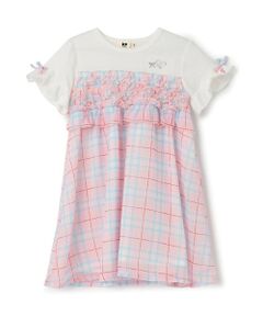 KP / ケーピー ミニ丈・ひざ丈ワンピース | シフォンチェック×天竺 胸フリルワンピース