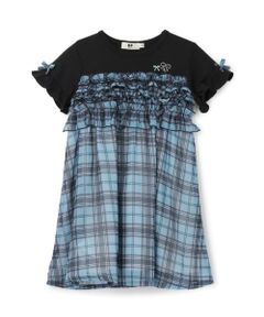 KP / ケーピー ミニ丈・ひざ丈ワンピース | シフォンチェック×天竺 胸フリルワンピース