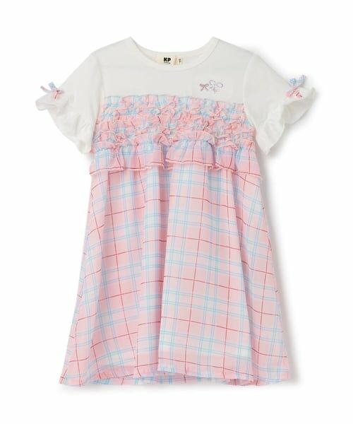 KP / ケーピー ミニ丈・ひざ丈ワンピース | シフォンチェック×天竺 胸フリルワンピース（ピンク）
