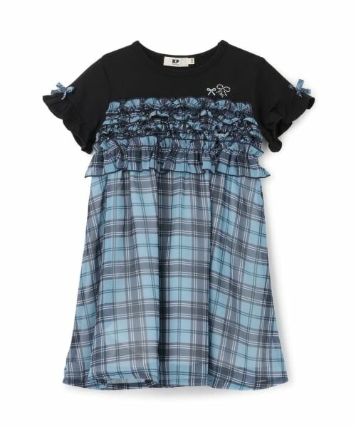 KP / ケーピー ミニ丈・ひざ丈ワンピース | シフォンチェック×天竺 胸フリルワンピース（紺）